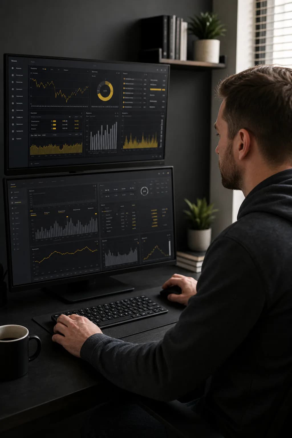 Mise en situation générée représentant une personne fictive consultant un tableau de bord analytique.
